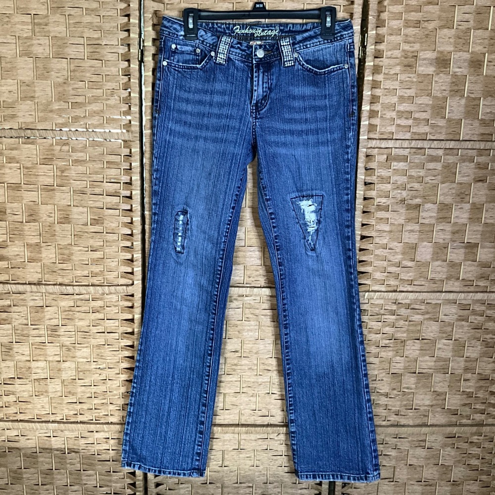Funhouse Vintage Rhinestone Distressed Bootcut Jeans Womens SZ 30/31 Denim‎ Y2K